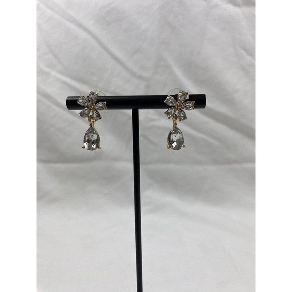 Clear Rhinestone Drop Earrings Gold Tone Flower Dangle Teardrop - Picture 9 of 12